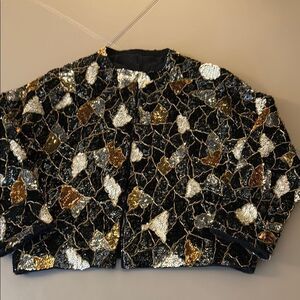 Vintage 90’s Sequin Floating Leaf Pattern Jacket With Hook & Eye Closure.
